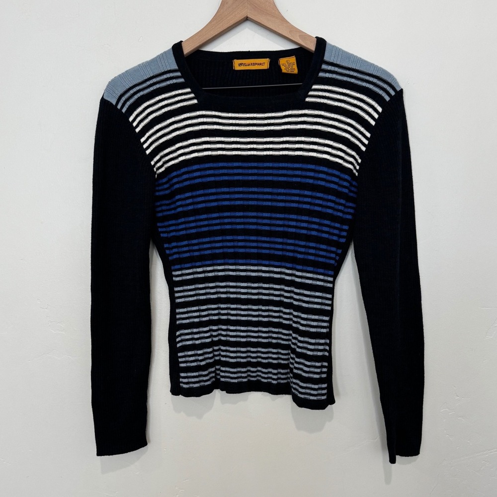 Blue Asphalt Vintage Y2K Striped Ribbed Square Neck Sweater Large 90s Indie